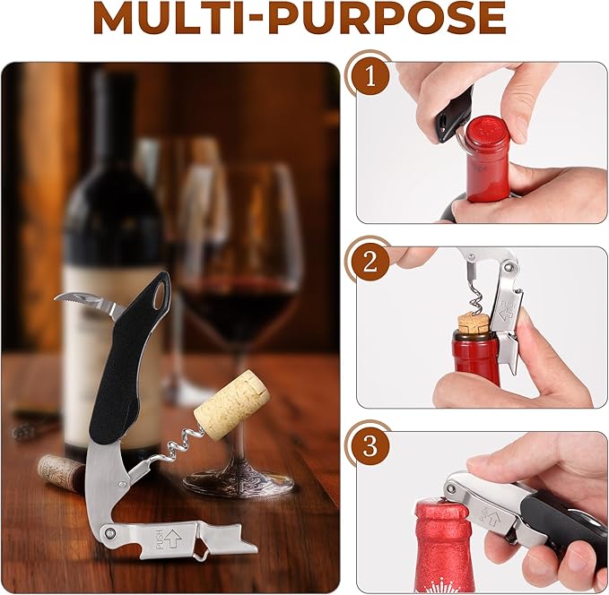 Wine Key - Heavy Duty Waiter Corkscrew, Premium 420 Stainless Steel Compact Wine Opener with Double Hinged, Foil Cutter and Bottle Opener, Gifts for Servers, Sommelier, Bartenders - Black