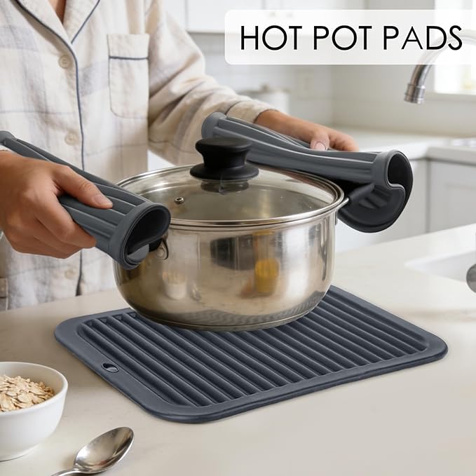 4 PCS Silicone Trivet for Hot Dishes, Silicone Hot Pads Trivets Mat for Hot Pots and Pans, Heat Resistant Hot Mats, Pot Holders, Tables Mats for Countertop, Jar Opener, Drying Mat (Dark Grey)