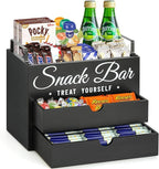 Snack Organizer for Countertop, Wood Pantry Storage Bins with Handles, Snack Organizer for Pantry, Kitchen, 4 Compartment Food Container Snack Box with 2 Drawers, Pantry Organizer for Snacks, Chips