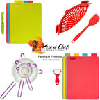 Resort Chef Vibrant Kitchen Cutting Board Set - 4 Non-Porous, BPA-Free, Dishwasher-Safe Reversible Plastic Boards with Easy-Grip Food Icon Tabs. Includes Ceramic Knife & Non-Slip Mat.
