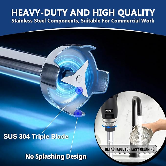 VONCI 500W Commercial Immersion Blender, 16" SUS 304 Removable Shaft, Heavy Duty Power Hand Mixer with Variable Speed 6000-20000RPM, Professional Electric Stick Blender for Restaurant Kitchen Use.