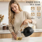 Tea Kettle for Stove Top, 2.5 Quart Whistling Tea Kettle, Food Grade Stainless Steel Tea Pot Stovetop with Wood Pattern Folding Handle for All Stovetops (Matte Black)