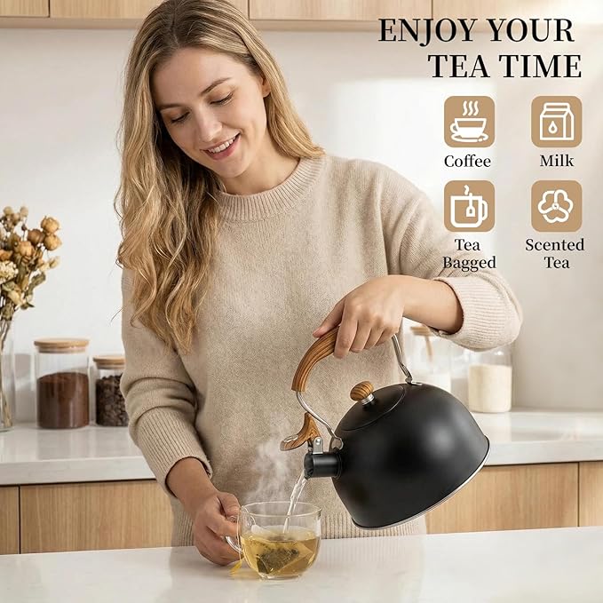 Tea Kettle for Stove Top, 2.5 Quart Whistling Tea Kettle, Food Grade Stainless Steel Tea Pot Stovetop with Wood Pattern Folding Handle for All Stovetops (Matte Black)
