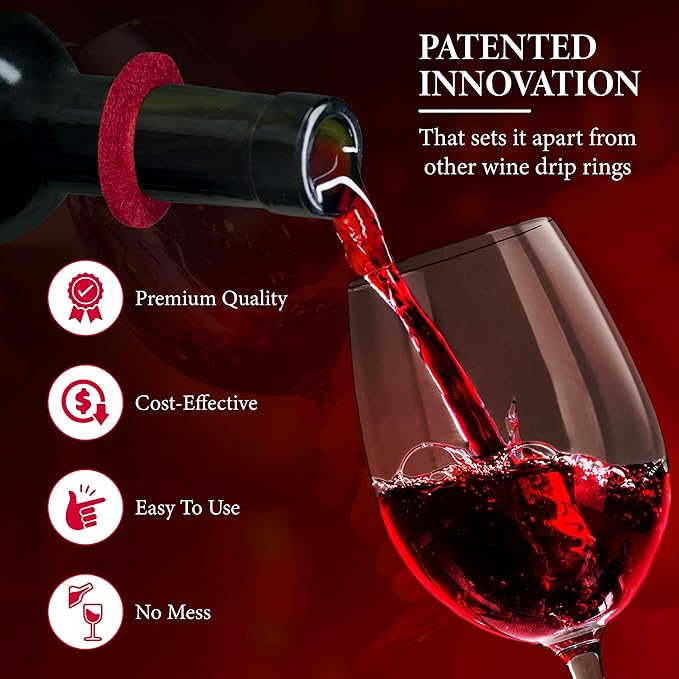 The Wine Drip Ring | Set of 12 | Felt Leak Stopper Accessories | Disposable No Spill Catcher | Bottle Collars Gadgets for Bar, Kitchen, Party | Clever Dripper Guard Holder Tools | Great Gift | Red