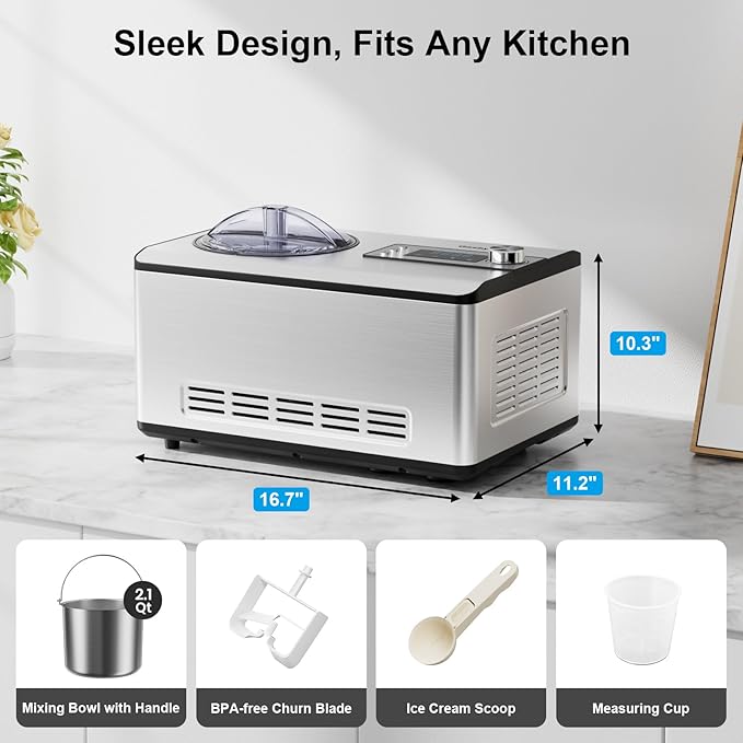 Gasbye Ice Cream Maker with Upgraded Compressor, [40% Faster Freezing], No Pre-Freezing Needed, LED Display, 2.1 Qt Capacity, Easy Operation for Ice Cream & Yogurt, Stainless Steel