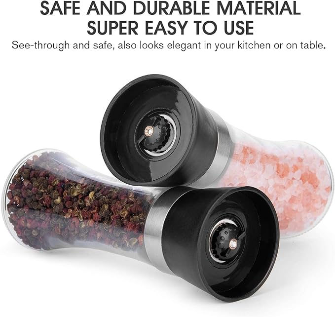 Hotder Premium Pepper and Salt Grinder Set of 2-Refillable Coarseness Adjustable Pepper Mill Shaker with Glass Body for Home,Kitchen(Two Pack)