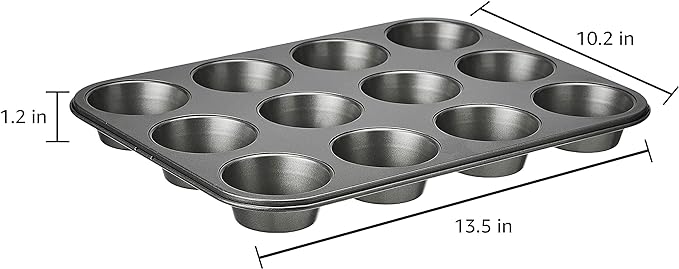 Amazon Basics Nonstick Muffin Pan, Set of 2, Sturdy, Oven Safe, Bakes Evenly, Easy to Clean, 12 Cups, Gray, 13.9x10.55x1.22"