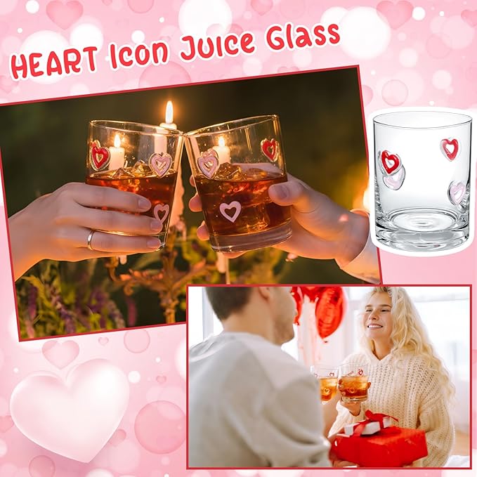 Skylety 2 Pcs Heart Icons Juice Glasses Love Drinking Cups 13.5 oz Old Fashioned Whiskey Cocktail Coffee Mugs for Mother's Day Party Gift Decor