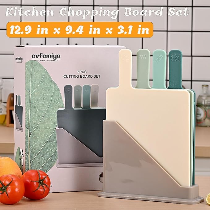 Plastic Cutting Boards for Kitchen, 4-Pieces Cutting Board With Food Icons And Storage Stand, Easy Grip Handle, Professional Chopping Board Set for Meat, Veggies, Fruits（12.9"X 9.4" X 3.1")