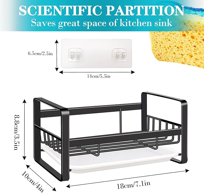 VANTEN Kitchen Sink Caddy Sponge Holder Organizer, Sink Tray Drainer Rack, Soap Dish Dispenser Brush Holder Storage Accessories - Countertop or Adhesive Wall Mount, Matte Black Stainless Steel