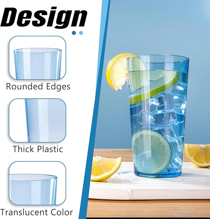 Liacere Plastic Drinking Glasses (Set of 12) 18 oz Highball Blue Reusable Plastic Glasses Colors，Kitchen Water Glasses Cup, Bar Tumbler Glassware Set for Beer, Juice, Cocktail, Whiskey, Milk