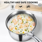 EWFEN 3 Ply Stainless Steel Saucepan with Lid, 2 Quart Multipurpose Cooking Pot, Stay-Cool Handle, Induction Oven Dishwasher Safe, 2 QT