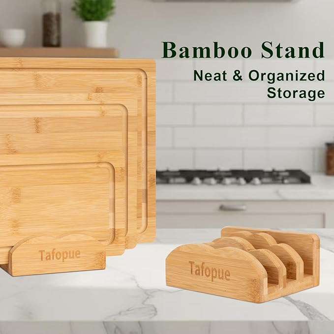 Bamboo Cutting Board Set of 3 with Stand, Wood Chopping Boards for Kitchen, Reversible Butcher Block with Juice Groove & Handle, Different Size Boards for Meat, Vegetables, Fruit, Charcuterie