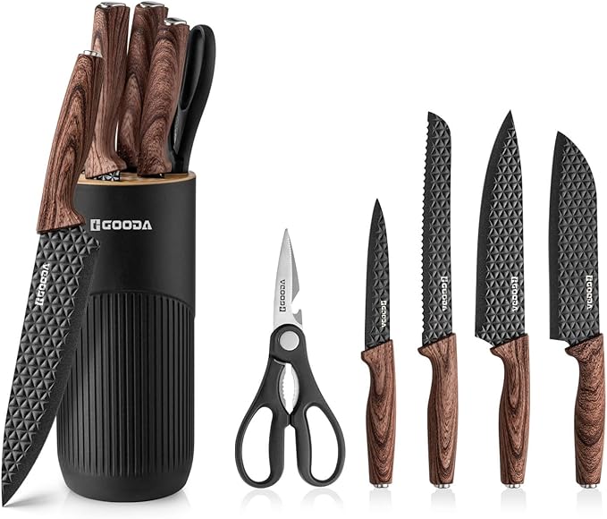 GOODA Kitchen Knife Set With Block,6-Piece Professional Chef Cooking Knives Set For Kitchen,Non-Stick Stainless Steel Knife Block Set