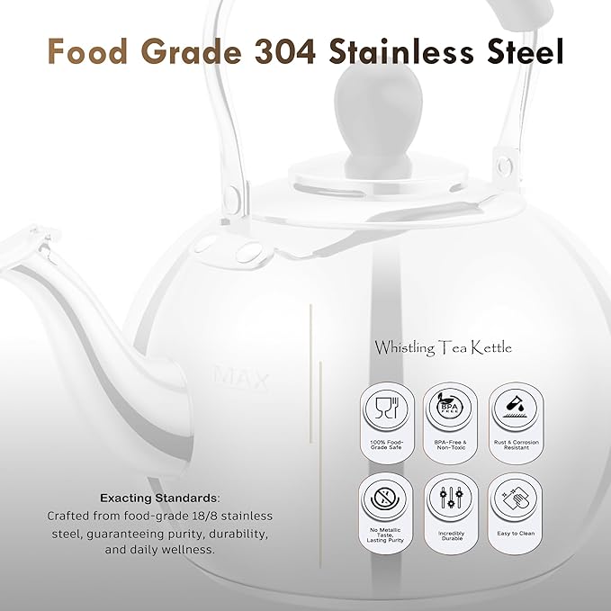 Stovetop Tea Kettle with Whistle - 2.0 Quart 18/8 Stainless Steel Tea Pot for Gas Stove & Electric Coil Stovetop, Food-Safe, Easy-Pour Spout, Mirror Polished Classic Water Kettle