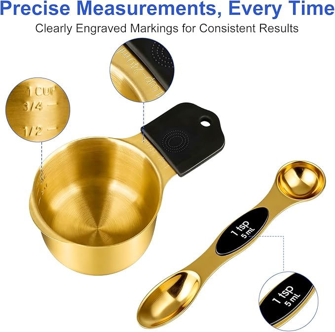 Magnetic Measuring Cups & Spoons Set, Strong N45 Magnets, Heavy Duty Stainless Steel Fits in Spice Jars for Baking & Cooking, BPA Free, Round Set of 15 with Leveler,Gold