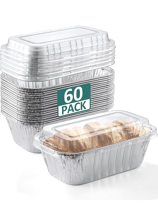NEEBAKE 60 Pack 6x3.5x2 Disposable Aluminum Loaf Pans with Lids Small-Aluminum-Foil-Pans-Tin-Foil-Baking-Pans-Tin-Trays-Food-Containers-for-Baking-Cakes-Bread-Meat-Loaves