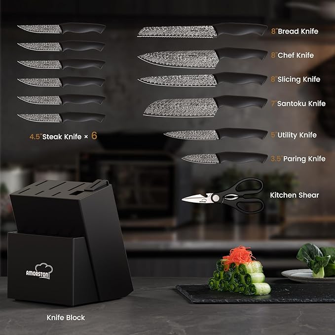 Knife Set, Amorston 15 Pieces Kitchen Knife Set with Built in Knife Sharpener, High Carbon German Stainless Steel Knife Block Set, Black Dishwasher Safe Knives Set, Valentine's Gift