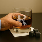 On The Rox (R-Monogram)- 4 Piece Set of 11 Ounce Engraved Heavy Base Rocks Glasses Elegant Glass-Multi-Purpose Beverage-Rocks Glass- Gift for any Occasion Drinks