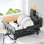 Urackify Dish Drying Rack for Kitchen Counter, Countertop Dish Rack with Drainboard, Multifunctional Dish Drainer with Cups Holder & Cutting Board, Home Plate Storage Rack with Cutlery Holder, Black