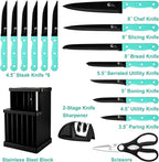 16-Piece Kitchen Knife Set with Block - High Carbon Stainless Steel Knives, Black Non-Stick Coating, Triple Riveted Forged Turquoise Handle, Dishwasher Safe, Includes Knife Sharpener, Scissors