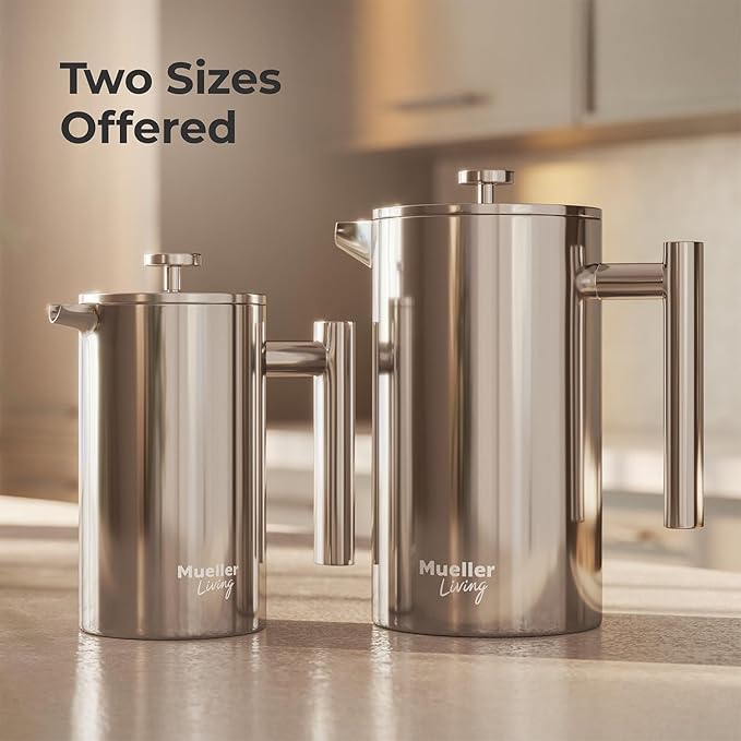 MuellerLiving French Press Coffee Maker 34oz, Stainless Steel French Press Coffee, 4 Filter Heat Resistant Double Insulated, Rust-Free, Food Grade, Dishwasher Safe Coffee Pot