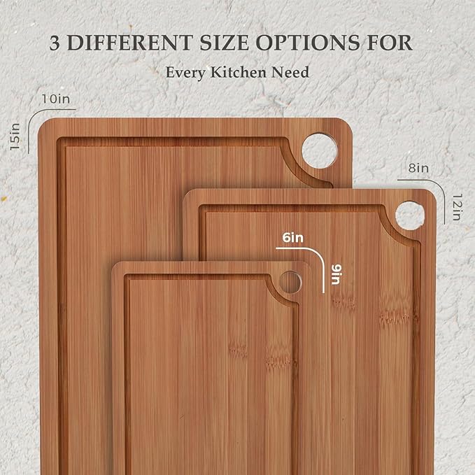 Bamboo Cutting Board for Kitchen, Wooden Cutting Board 3-Piece Set with Non-Slip Mat Deep Juice Groove, Wood Cutting Board for Meat Vegetables Fruit
