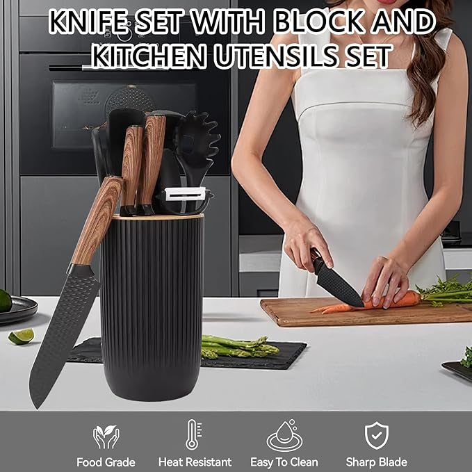Knife Set, 10 Pieces Professional Kitchen Knife Set with Universal Knife Block, Non-stick Heat Resistan Kitchen Tools and Gadgets with Wooden Handle (Black)
