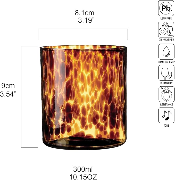 Joseph Sedgh Collection Tortoise Shell DOF Lowball Glass Set of 4 – 10.15 oz Borosilicate Whiskey & Cocktail Glasses – Stylish, Lead-Free, Dishwasher Safe – Gift Box Included