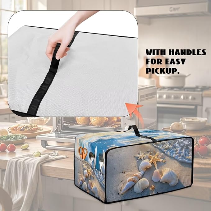 Beach Starfish Shell Print Toaster Oven Scratch-resistant Cover, Heat-resistant Small Appliance Cover for Kitchen Counter with Storage Pockets (Medium-16.1 * 19.71 * 10 inches)