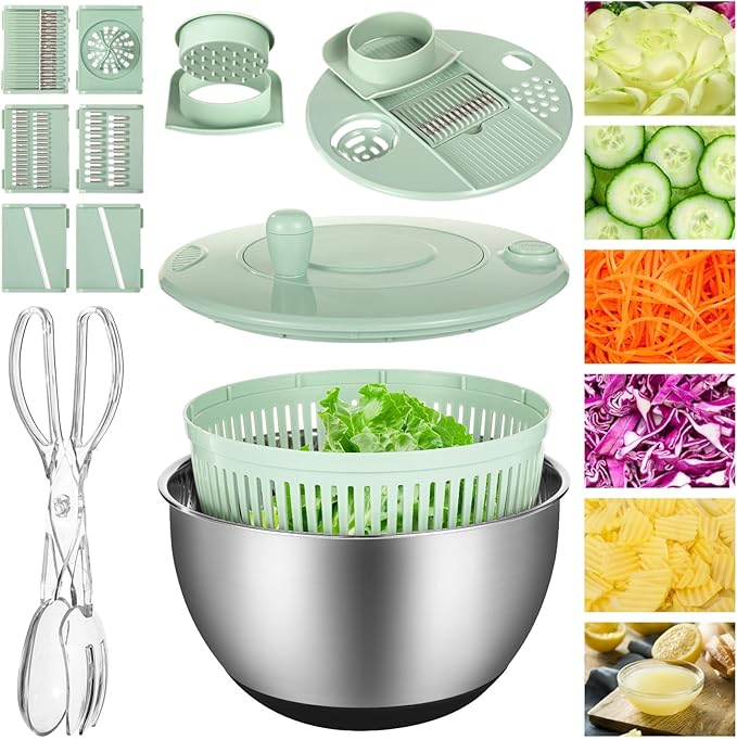 Stainless Steel Salad Spinner with Slicer Set, 5 Qt Large Rotation Vegetable Washer, 5 Interchangeable Slicers, Egg Separator, Anti-Slip Base Lettuce Bowl for Salad & Meal Prep