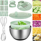 Stainless Steel Salad Spinner with Slicer Set, 5 Qt Large Rotation Vegetable Washer, 5 Interchangeable Slicers, Egg Separator, Anti-Slip Base Lettuce Bowl for Salad & Meal Prep