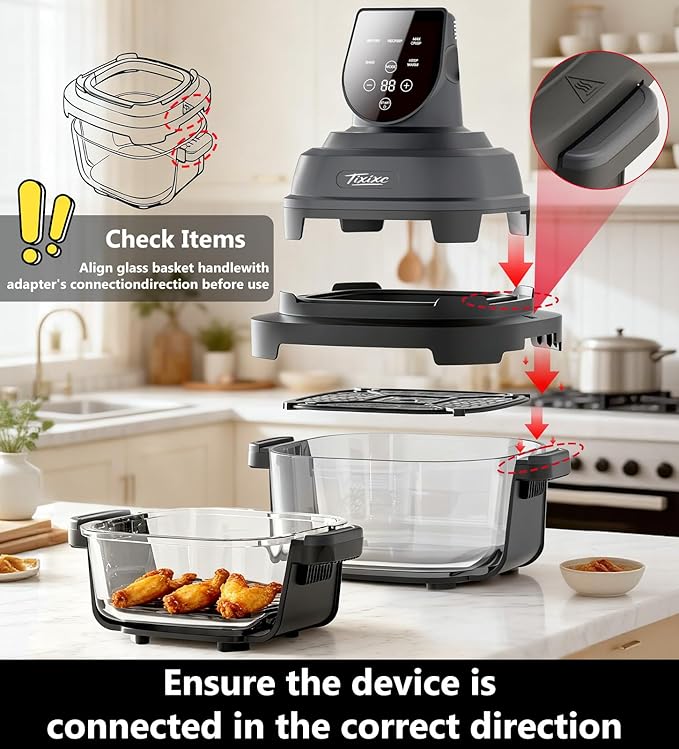 5-in-1 Portable Glass Air Fryer, 4QT & 6-Cup Glass Containers with Lids, Silicone Mat, 1500W Small Air Fryer, 90% Less Oil, Dishwasher/Freezer Safe for Single Servings, Family Meals