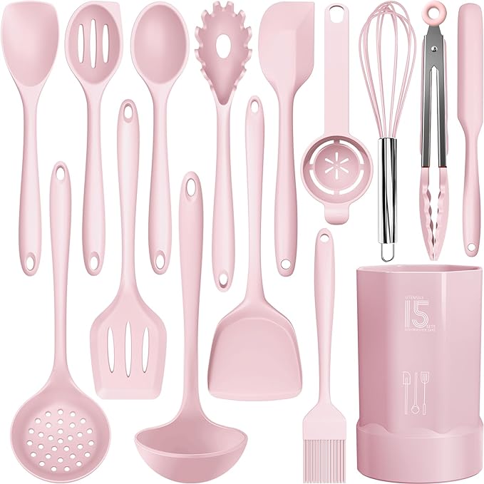 AOTHOD Silicone Cooking Utensils Set - 446°F Heat Resistant Kitchen Utensils, Spatula,Turner Tongs,Spoon,Whisk,Kitchen Utensil Gadgets Tools Set for Nonstick Cookware,Dishwasher Safe BPA Free(Pink)