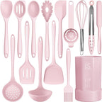 AOTHOD Silicone Cooking Utensils Set - 446°F Heat Resistant Kitchen Utensils, Spatula,Turner Tongs,Spoon,Whisk,Kitchen Utensil Gadgets Tools Set for Nonstick Cookware,Dishwasher Safe BPA Free(Pink)