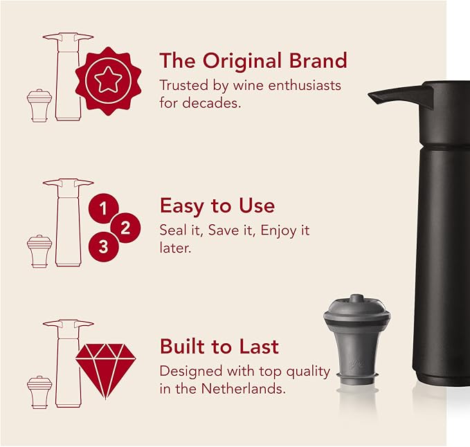 Vacu Vin Original Wine Saver with 2 Vacuum Bottle Stoppers – Black Wine Preserver Pump for Red or White Wine – Manual Air Remover System – Airtight Seal – Keep Wine Fresh Longer