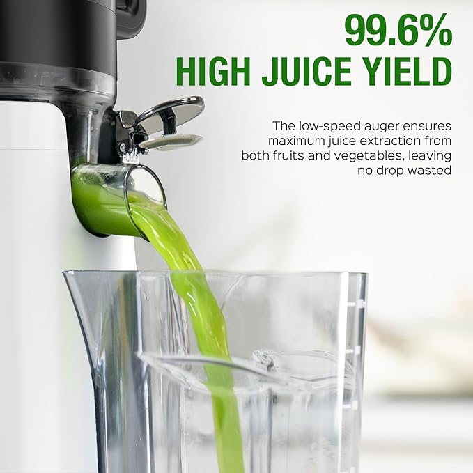 TUUMIIST Cold Press Juicer Machine, 5.3 Inch Extra Large Feed Chute for Whole Fruits, Easy to Clean Slow Juicer, High Yield, BPA Free - Classic White