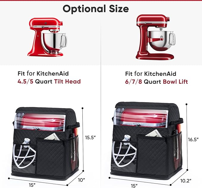 BAGSPRITE Stand Mixer Cover with Detachable Appliance Sliders Base Compatible with KitchenAid Mixer-Storage Bag for 4.5/5 Quart with Pockets for Kitchen Aid Accessories and Attachments