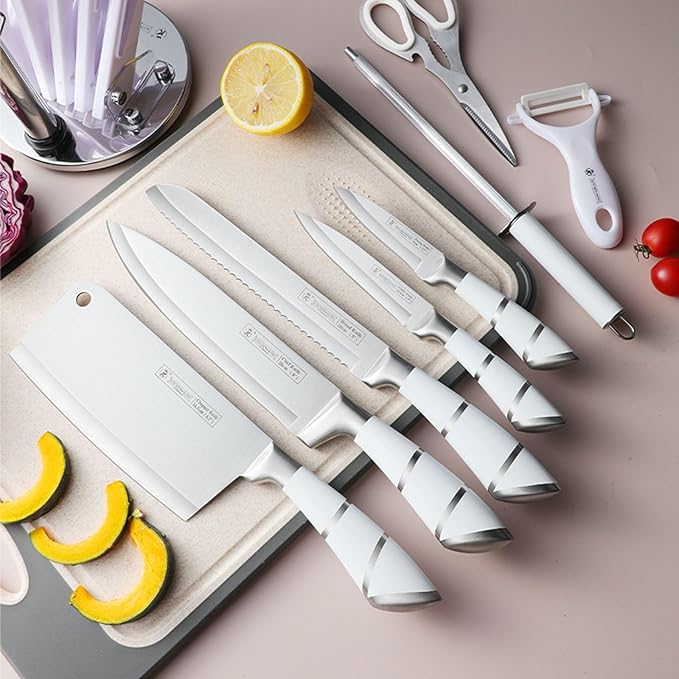 Kitchen Knife Set, 9-Piece White Kitchen Knife Set with Acrylic Block, Non Stick Sharp High Carbon Stainless Steel Knife Set for Kitchen Cutting Meat Slicing Chopping Kitchen Women Gifts