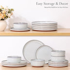 E-far Stoneware Dinnerware Sets for 4, 12 Pieces Reactive Glaze Plates and Bowls Sets, Elegant Dishes with Rustic Terracotta Base, Dishwasher & Microwave Safe, Scratch Resistant, Glacier White