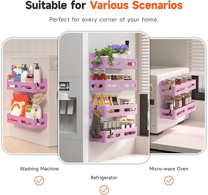 Sevenblue 4 Pack Strong Magnetic Spice Rack for Refrigerator, Multipurpose Magnetic Shelf for Fridge with 4 Hooks for kitchen and Bathroom Organization, Pink