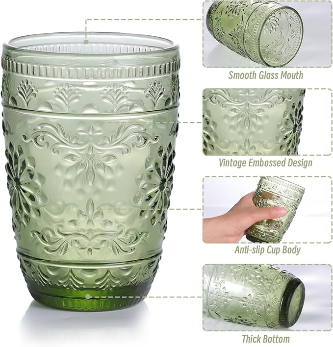abrwyy 6Pcs 14OZ Drinking Glasses, Green Drinking Glasses, Colored Glassware Drinking, Highball Beverage Glasses Cup, Vintage Glassware Set for Water, Juice, Cocktail, Coffee