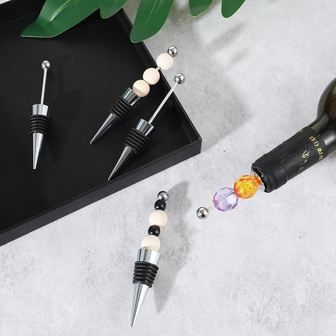 5 Packs Metal Bottle Stopper Kit, Reusable Wine Saver Corks, Stainless Steel Wine Bottle Stopper, Beadable Bottles Cap, Decorative Corkscrew for Wedding Party Bar