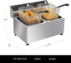 Commercial Deep Fryer with Basket, 3400w 28Qt Dual Tank 0.6mm Thickened Stainless Steel Countertop Electric Fryer for Home and Commercial Use, Oil Fryer with Double Overheat Protection