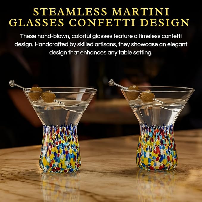 Large Stemless Martini Glasses – Set of 2-8oz Luxury Hand Blown Confetti Margarita, Martinis, Cocktails, Water, Wine, Dessert & Champagne Glasses Cinco de Mayo, Hand Blown - Mexican Confetti Glass