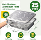 9x13 Aluminum Pans with Lids [25 Pack], Extra Heavy Duty Half Size Disposable Foil Pans, Deep Baking Pans for Cooking, Roasting, Heating, and Steam Tables