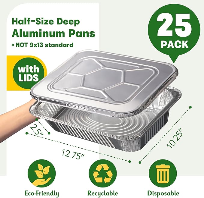 9x13 Aluminum Pans with Lids [25 Pack], Extra Heavy Duty Half Size Disposable Foil Pans, Deep Baking Pans for Cooking, Roasting, Heating, and Steam Tables