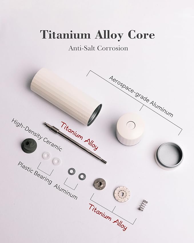 Salt Grinder Refillable Hotqilin – Manual Salt and Pepper Grinder with Titanium Alloy Core, 60+ Adjustable Settings | High Output, Easy to Clean, Durable Aluminum Body