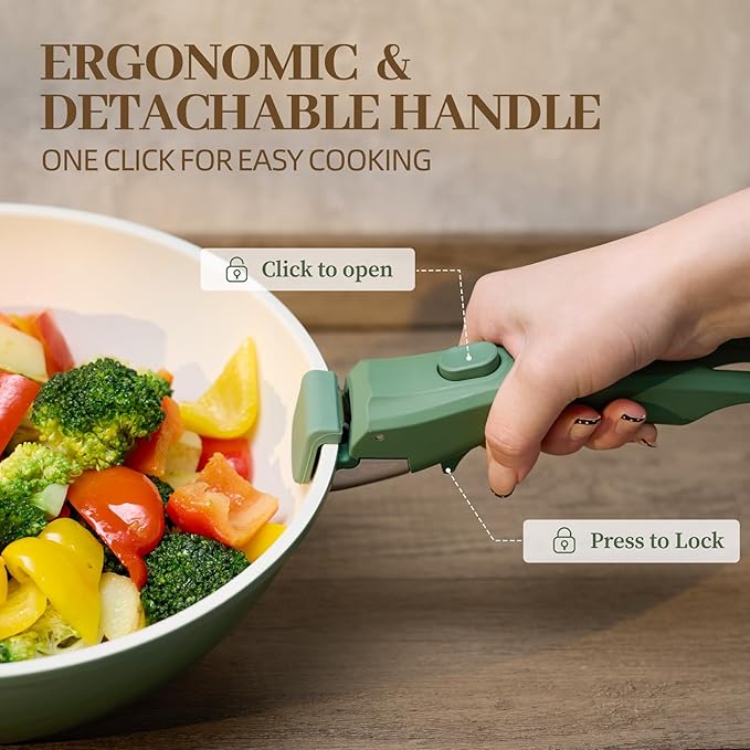 Ceramic Cookware Set 23Pcs Non Stick Pots and Pans Non Toxic with Detachable Handle Induction Kitchen Cookware Set Space Saving, Oven & Dishwasher Safe, Forest Green