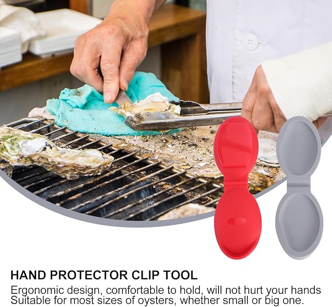 2pcs Oyster Shucking Tool and Holder Set, Silicone Hand Protective Clips, Kitchen Gadget for Safe Oyster Opening, Gray and Red, Seafood Specialty Tool for Home and Outdoor Use